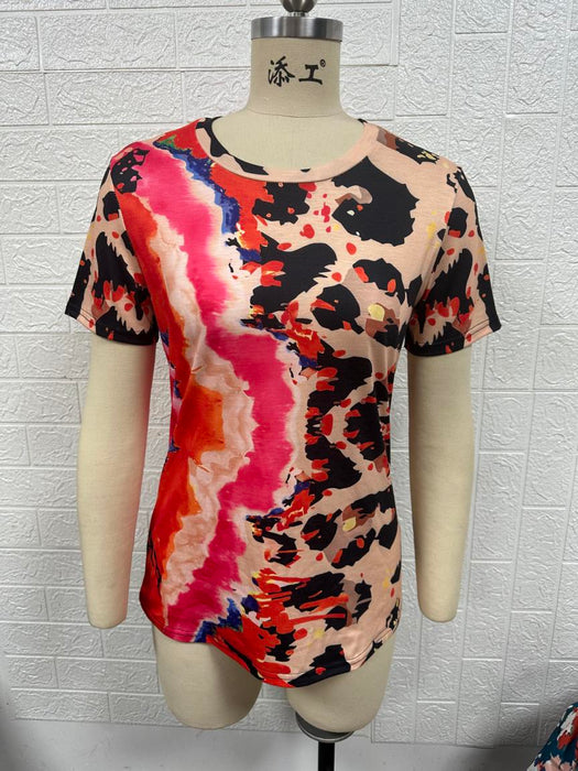 Women Clothing Summer Painted Positioning Floral Short Sleeve Slim Top Women