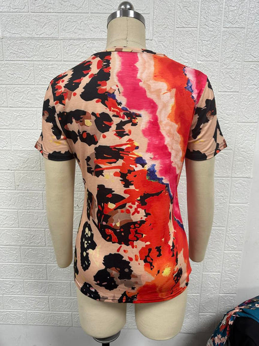 Women Clothing Summer Painted Positioning Floral Short Sleeve Slim Top Women