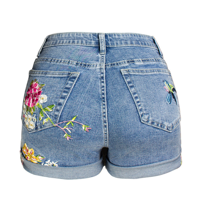 Women Clothing Wide Leg Stretch Shorts Women Clothing 3D Exquisite Embroidered Floral Denim Shorts Women