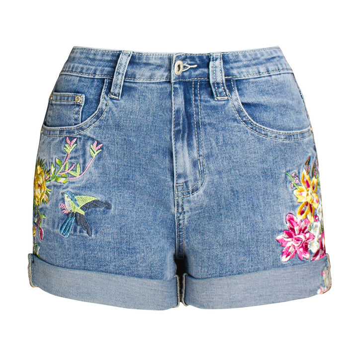 Women Clothing Wide Leg Stretch Shorts Women Clothing 3D Exquisite Embroidered Floral Denim Shorts Women