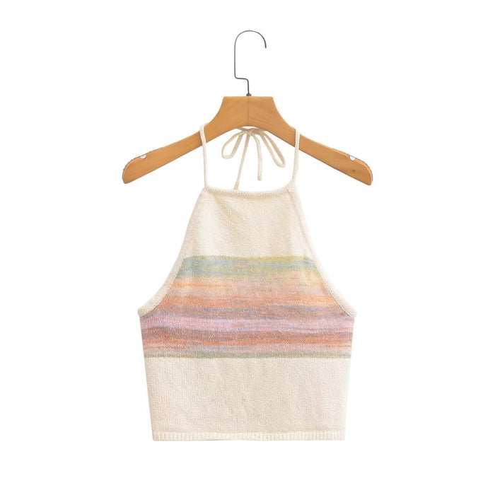 Sexy Top Rainbow Contrast Color Short Knitted Camisole Sweet Spicy Wear Stripes