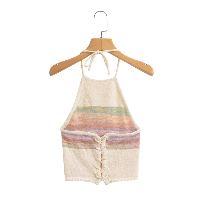 Sexy Top Rainbow Contrast Color Short Knitted Camisole Sweet Spicy Wear Stripes