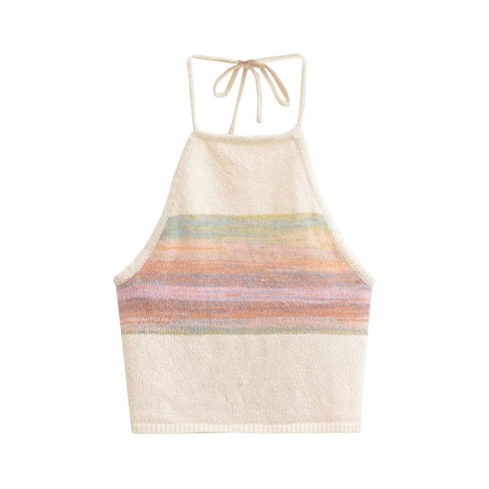 Sexy Top Rainbow Contrast Color Short Knitted Camisole Sweet Spicy Wear Stripes