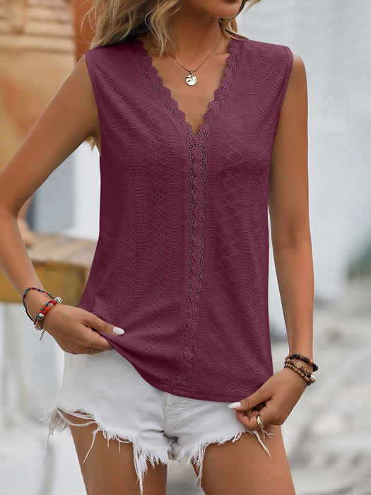 Summer Women Clothing Solid Color Hole Mesh V neck Sleeveless Vest