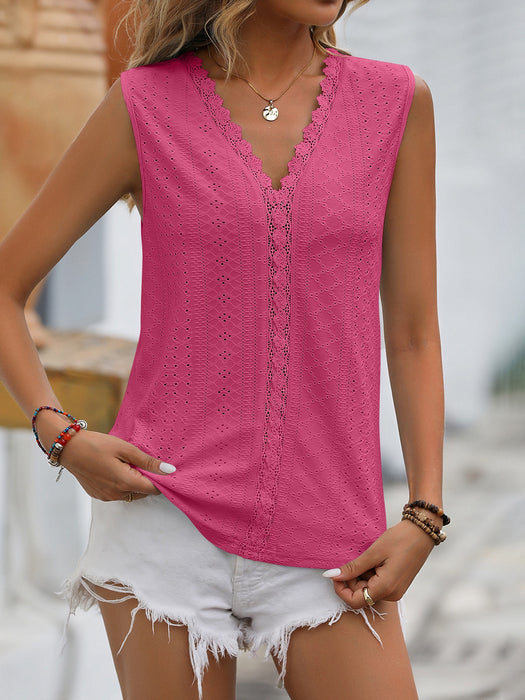 Summer Women Clothing Solid Color Hole Mesh V neck Sleeveless Vest