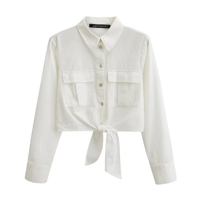 Summer Women White Long Sleeve Knot Shirt