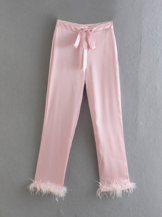 Women Clothing Summer Lace up Feather Decoration Casual Straight Pants Women Trousers & TOP F00122614