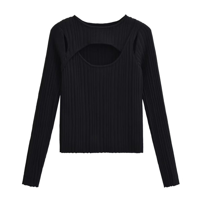 Autumn Hollowed out Long Sleeved Sweater Top round Neck Slim Fit Inner Wear Knitted Top Women Clothing