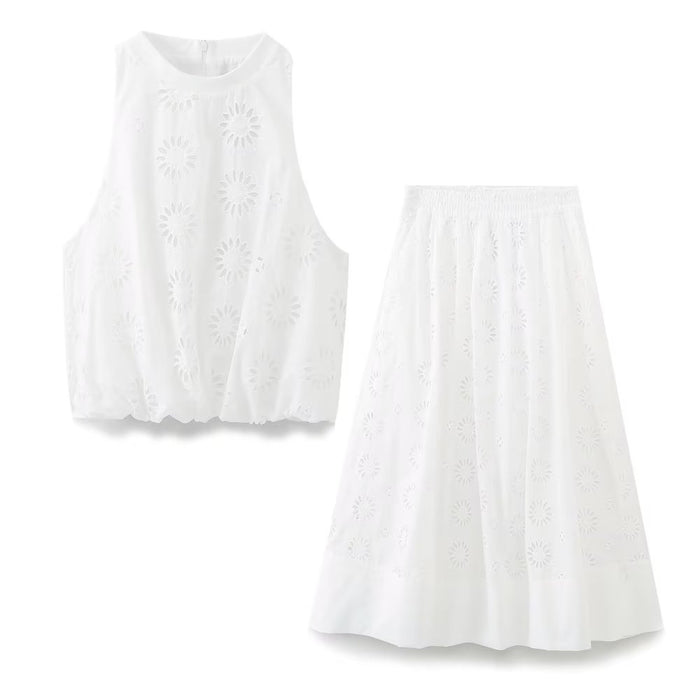 Summer Women Clothing Hollow Out Cutout Embroidered Top Skirt Set