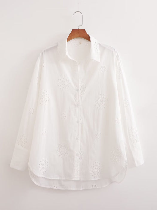 Casual Suit White V neck Hollow Out Cutout Embroidered Half Sleeve Shirt High Waist Casual Hollow Out Cutout Shorts