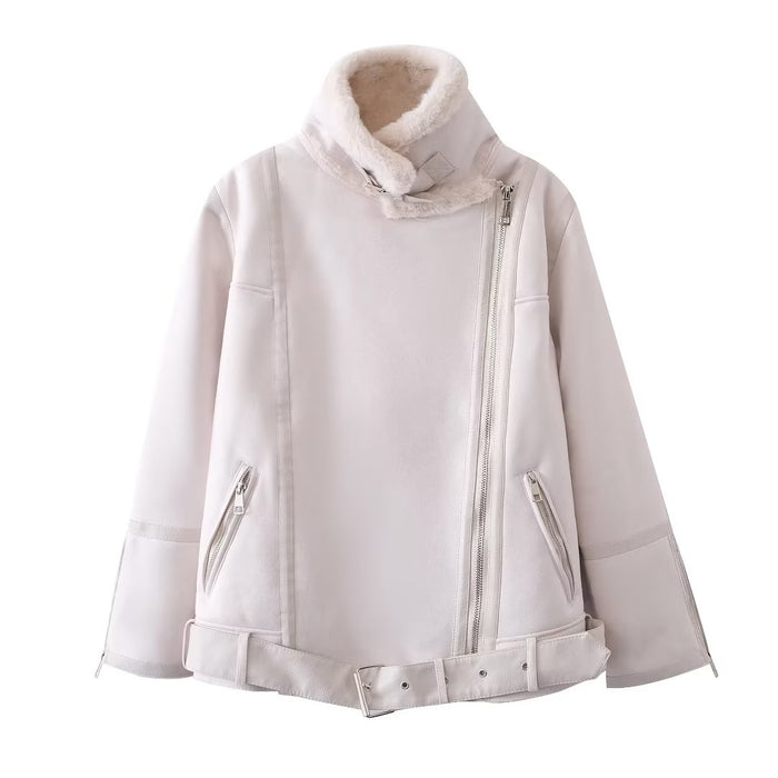 Women Clothing Rabbit Fur Stand Collar Zipper Ornament All Matching Long Sleeved Jacket Coat