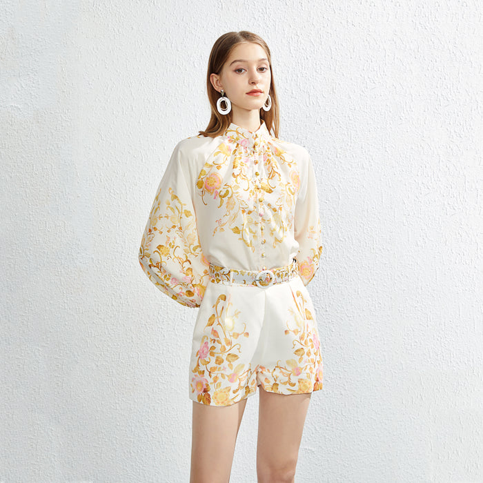 Women Summer New Two Piece Single breasted Positioning Printed Collar Shirt Top Shorts with Belt