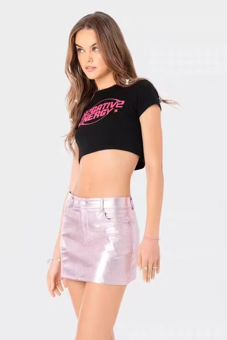 Metallic Coated Fabric 2239- Summer Girl Cute Pink Faux Leather Short Skirt Sexy Sexy Low Waist Casual Skirt