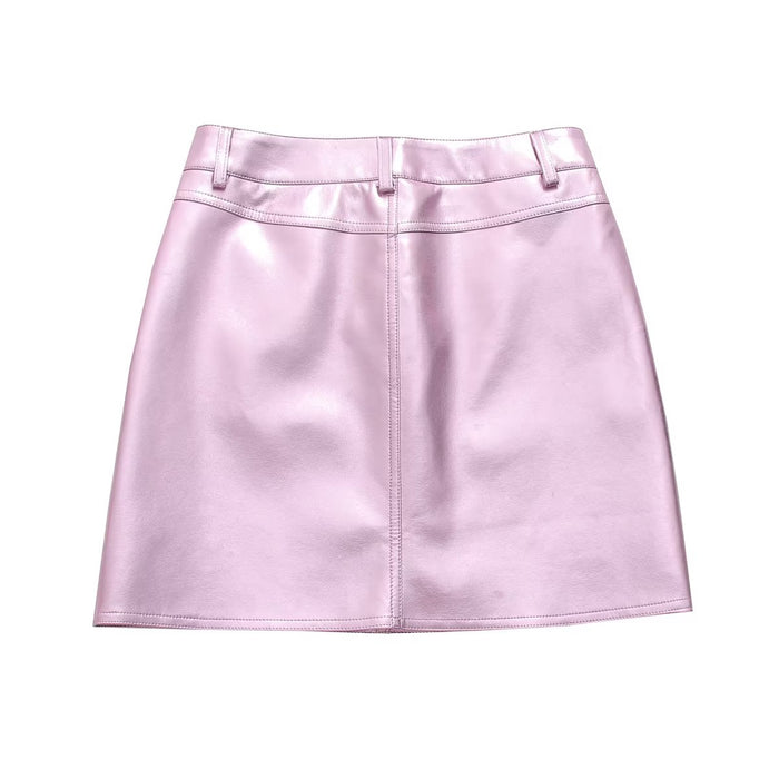 Metallic Coated Fabric 2239- Summer Girl Cute Pink Faux Leather Short Skirt Sexy Sexy Low Waist Casual Skirt