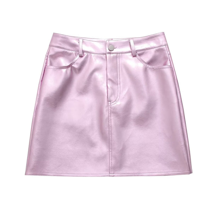 Metallic Coated Fabric 2239- Summer Girl Cute Pink Faux Leather Short Skirt Sexy Sexy Low Waist Casual Skirt