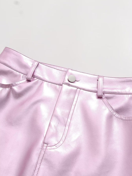 Metallic Coated Fabric 2239- Summer Girl Cute Pink Faux Leather Short Skirt Sexy Sexy Low Waist Casual Skirt