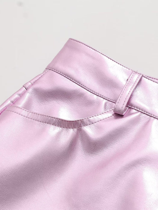 Metallic Coated Fabric 2239- Summer Girl Cute Pink Faux Leather Short Skirt Sexy Sexy Low Waist Casual Skirt