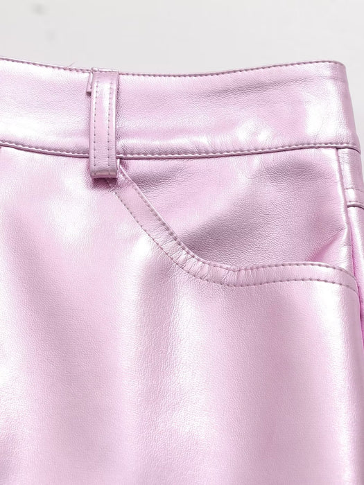 Metallic Coated Fabric 2239- Summer Girl Cute Pink Faux Leather Short Skirt Sexy Sexy Low Waist Casual Skirt