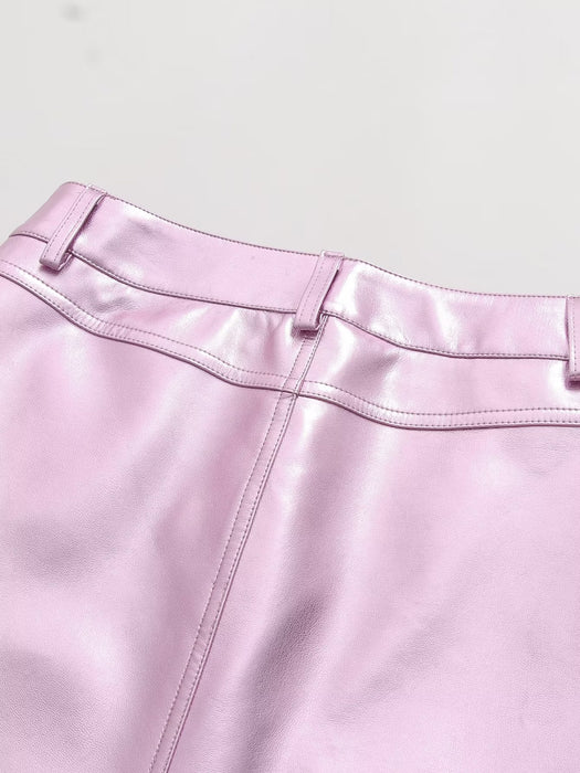 Metallic Coated Fabric 2239- Summer Girl Cute Pink Faux Leather Short Skirt Sexy Sexy Low Waist Casual Skirt