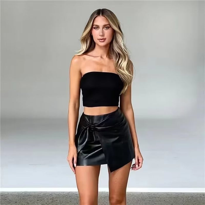 Sexy High Waist Small Round Buckle Wrapped Skirt Skirt Women Personality Design Faux Leather Skirt