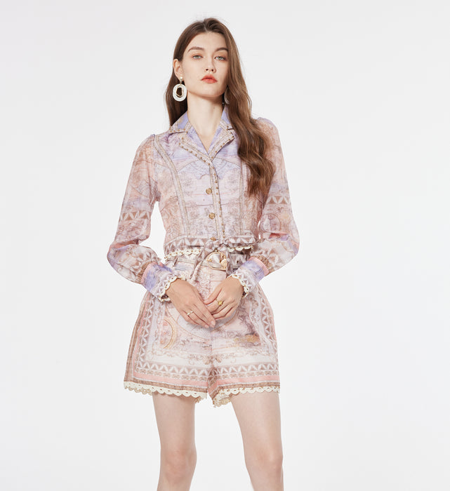 Women Spring and Autumn Printed Stitching Lace Short Top Lace Up Shirt High Waist Shorts with Belt