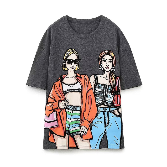 Women Clothing French Girl Printed Washed T shirt