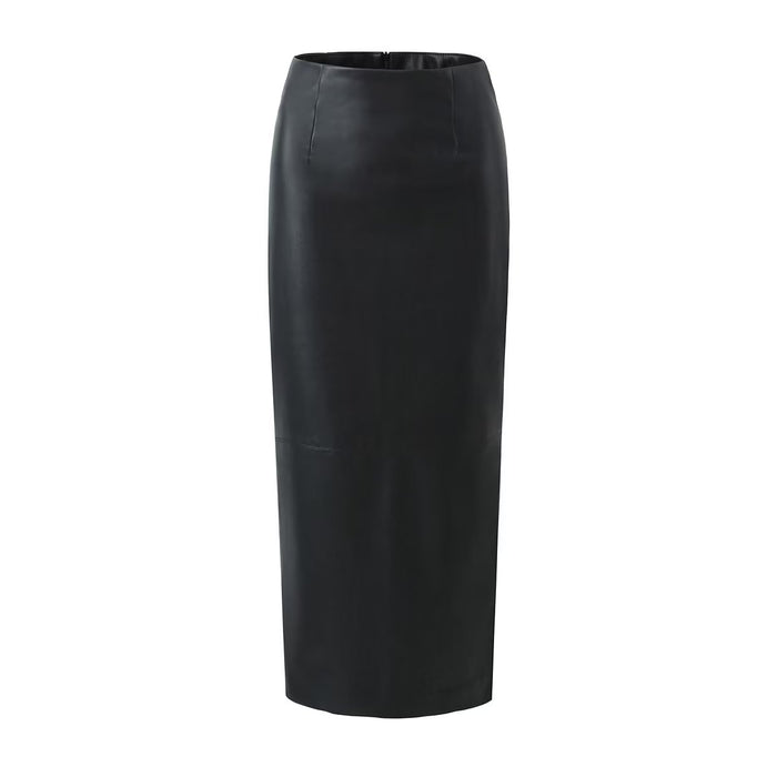 Autumn Women Clothing Mid Length Back Slit Faux Leather Skirt