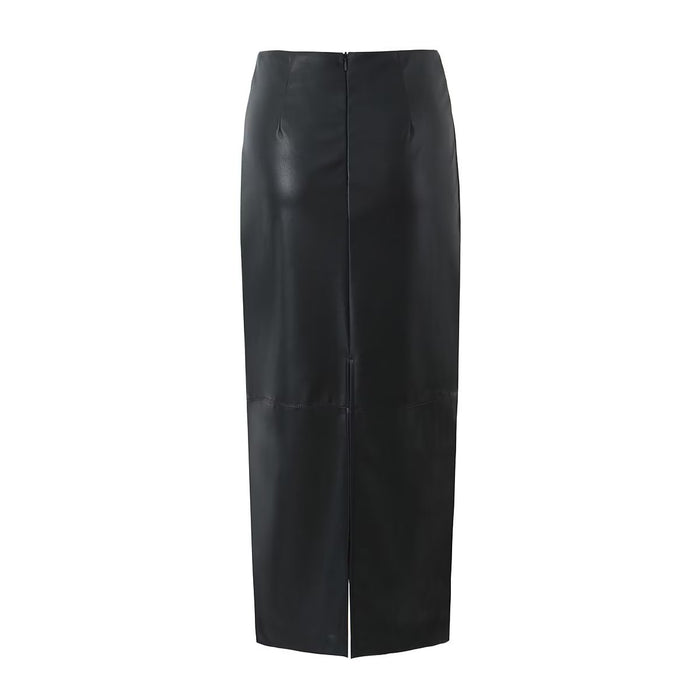 Autumn Women Clothing Mid Length Back Slit Faux Leather Skirt