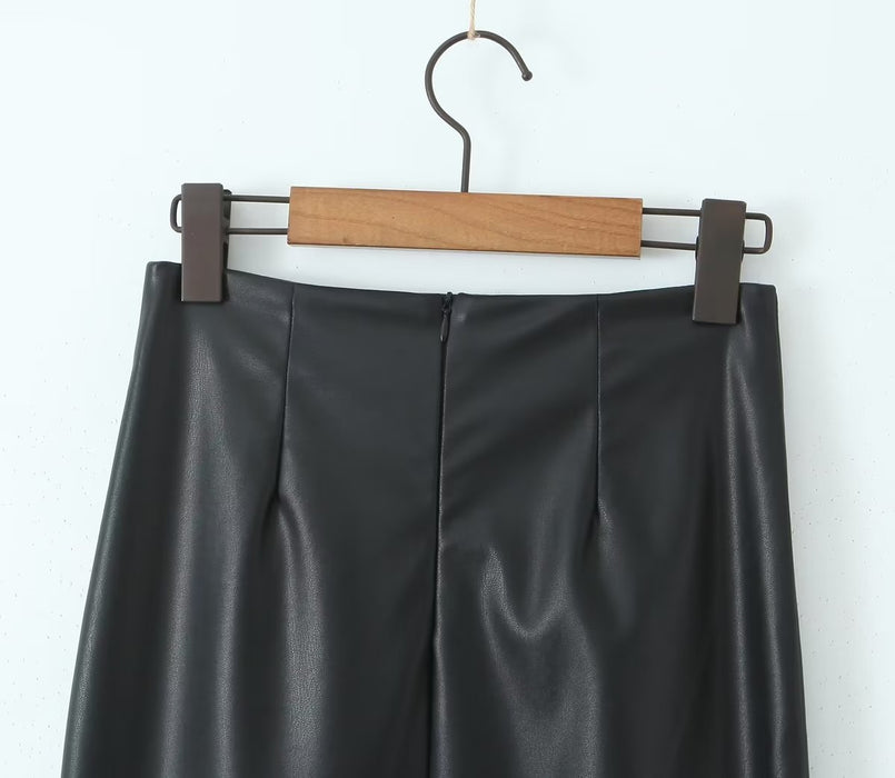 Autumn Women Clothing Mid Length Back Slit Faux Leather Skirt