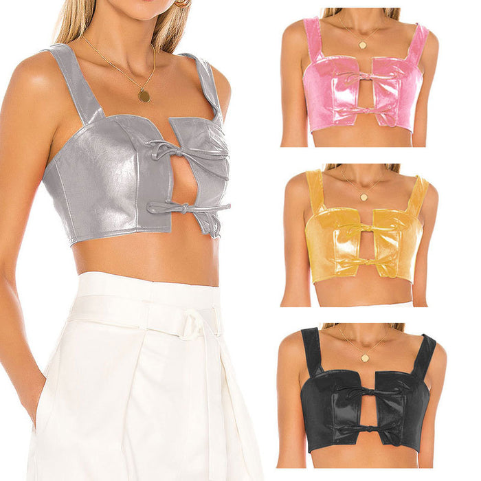 Spring Summer Sexy Nightclub Short Top Sexy Lace-up Patent Leather Faux Leather cropped Cropped Outfit Sling