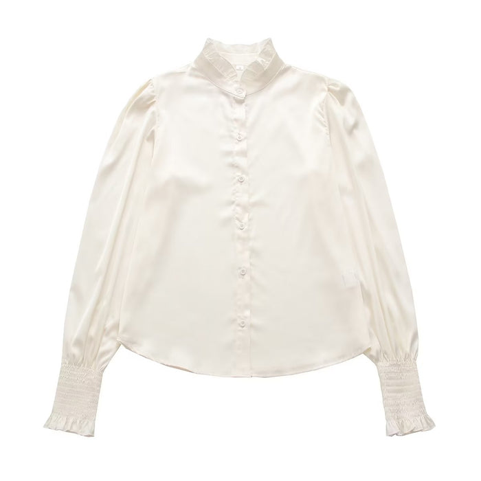 White Shirt for Women Spring Autumn Sense Ruffled Top Stand Collar Bottoming Shirt Autumn Winter