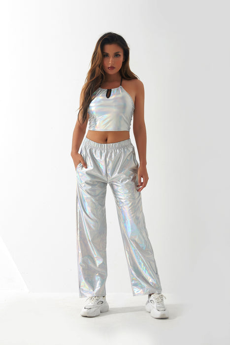 Metallic Coated Fabric Casual Pants Women High Street Design Aurora Laser Gradient High Waist Straight Pants All Matching Elastic Mop Pants