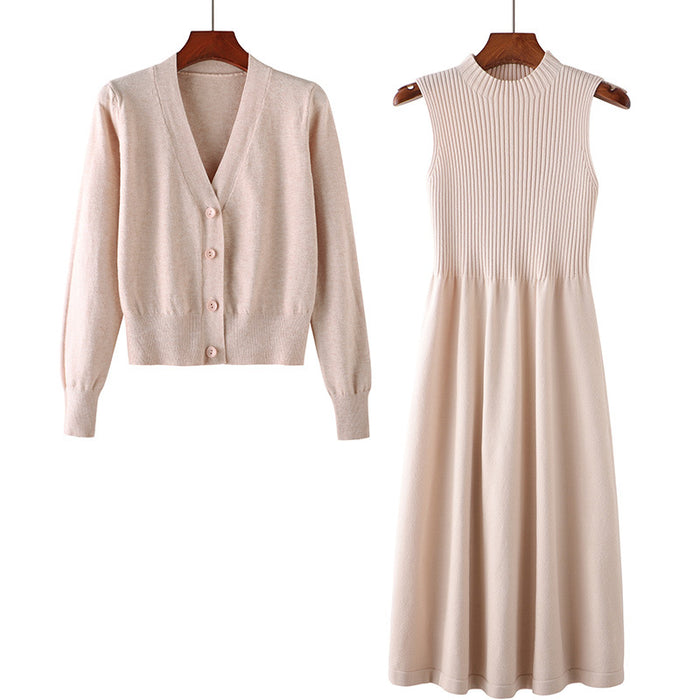 Early Autumn Long Sleeves Dress Sweater Two Piece Set Wool Skirt Loose Knitted Cardigan