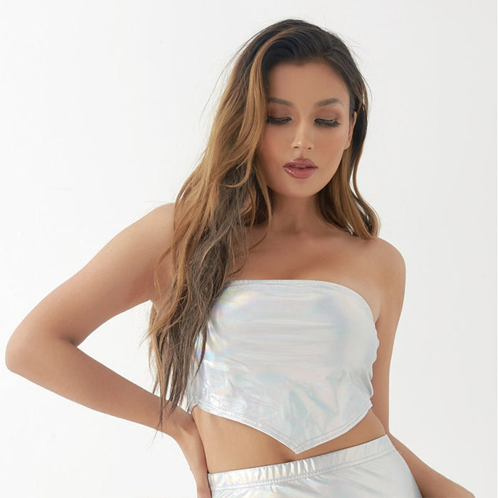 Sexy Irregular Asymmetric Metallic Coated Fabric Tube Top Vest Nightclub Costume Women Laser Bronzing