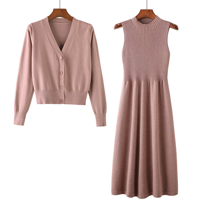 Early Autumn Long Sleeves Dress Sweater Two Piece Set Wool Skirt Loose Knitted Cardigan