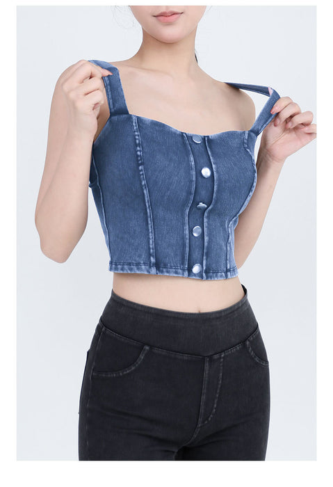 Women Faux Denim Workout Yoga Vest High Elastic U Shaped Strap With Chest Pad Slimming Metal Buckle Sling Sports Casual Top