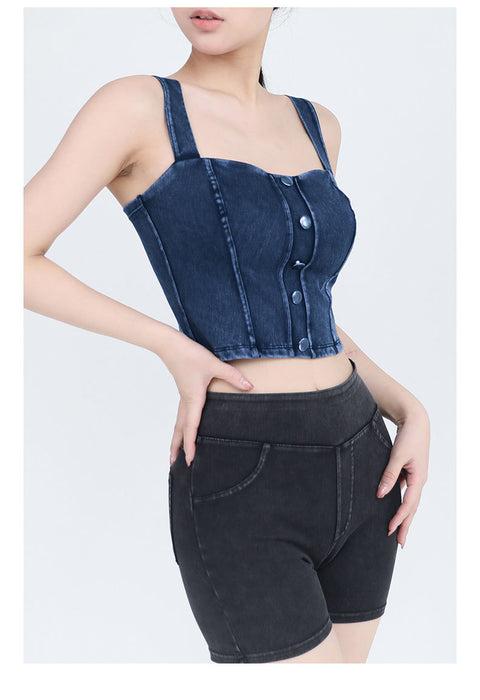 Women Faux Denim Workout Yoga Vest High Elastic U Shaped Strap With Chest Pad Slimming Metal Buckle Sling Sports Casual Top