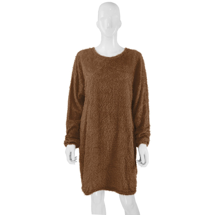 Autumn Winter Women Clothes Mid Length Long Sleeve Round Neck Loose Plush Dress