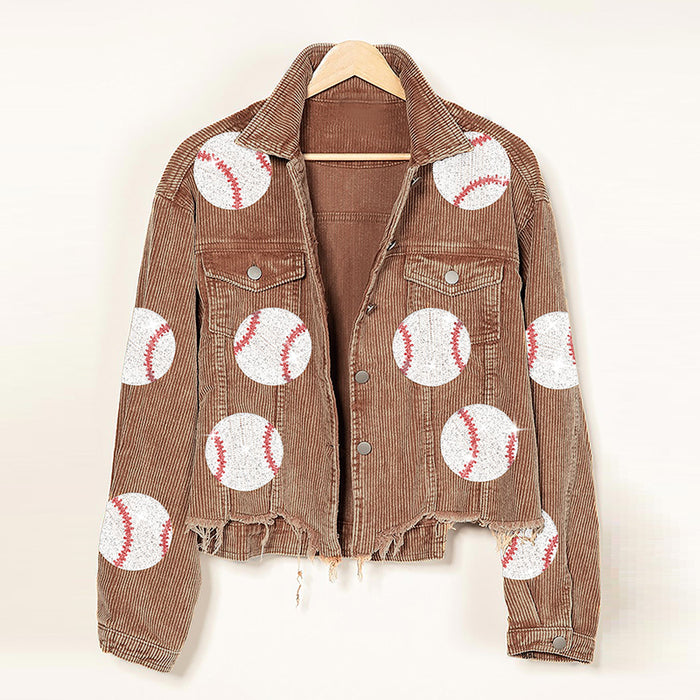 Popular Distressed Corduroy Jacket Women Baseball Sequined Jacket Tops Outerwear