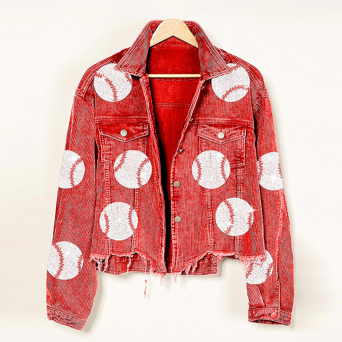 Popular Distressed Corduroy Jacket Women Baseball Sequined Jacket Tops Outerwear