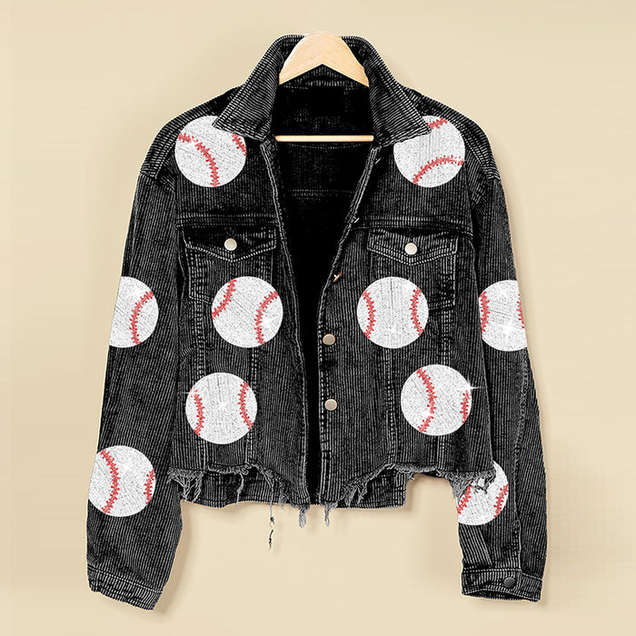 Popular Distressed Corduroy Jacket Women Baseball Sequined Jacket Tops Outerwear