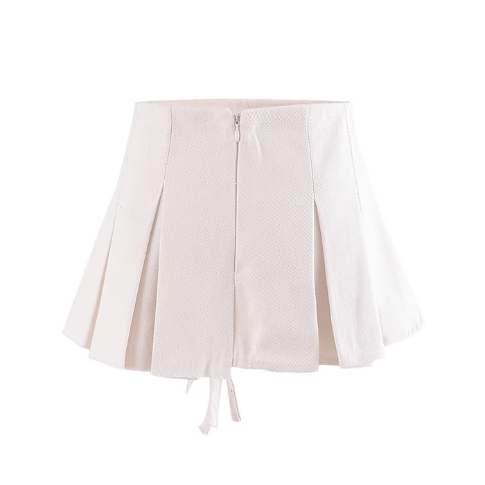 Girl's Sexy Double Belt Love Metal Buckle Pleated Skirt Summer Pleated Anti-Exposure A- line Skirt
