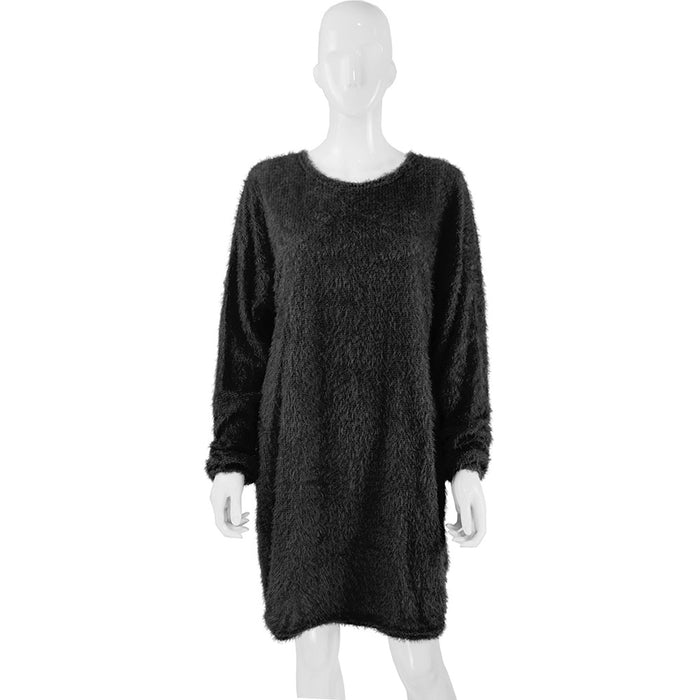 Autumn Winter Women Clothes Mid Length Long Sleeve Round Neck Loose Plush Dress