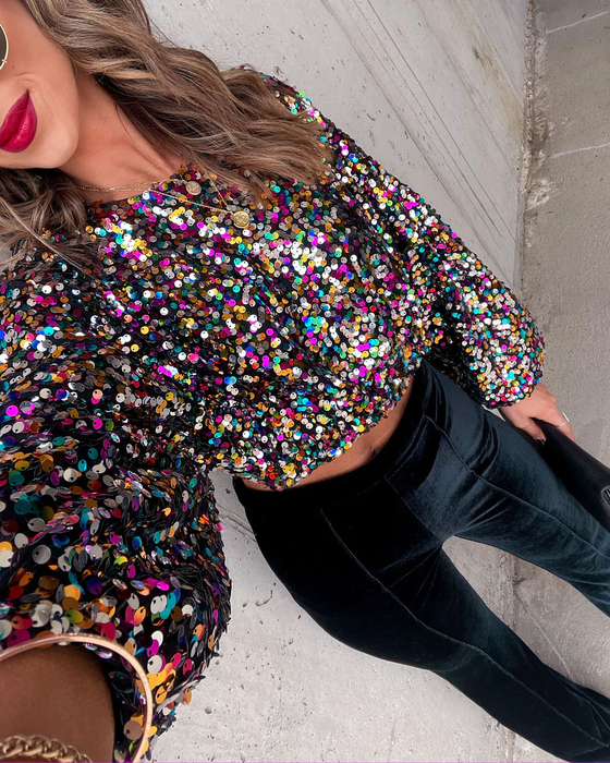 Spring Disco Color Sequined Short Bell Sleeve Party T-shirt