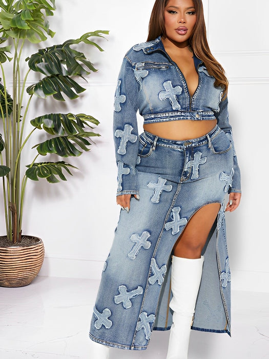 Women Sexy Highly Stretch Embroidered Washed Denim Skirt Set Two Piece Set