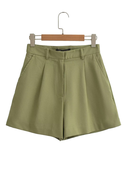 Women Clothing Casual High Waist Linen Blended Basic Double Pleated Straight Shorts