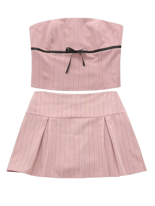 Summer Women Sexy Suit Sexy Pink Striped Tube Top Vest Low Waist Anti Exposure Pleated Skirt