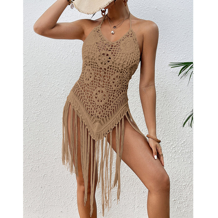 Beach Vacation Sexy Big Backless Hand Crocheting Lace Up Cutout Tassel Bikini Short Top