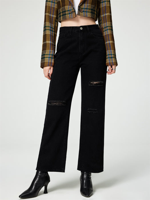 Black Classic Hole Washing Straight-Leg Denim Trousers Jeans