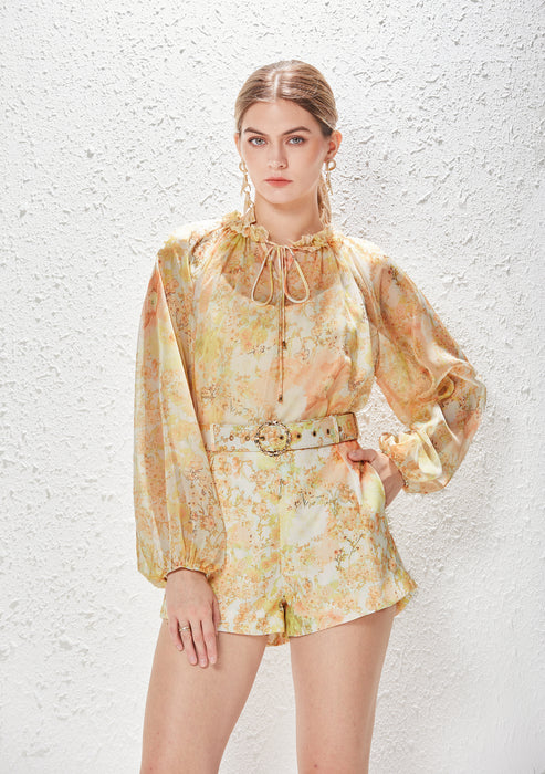 Spring Summer Printed Collar Lace Up Chiffon Elegant Shirt Wide Leg Shorts Sling Suit Women